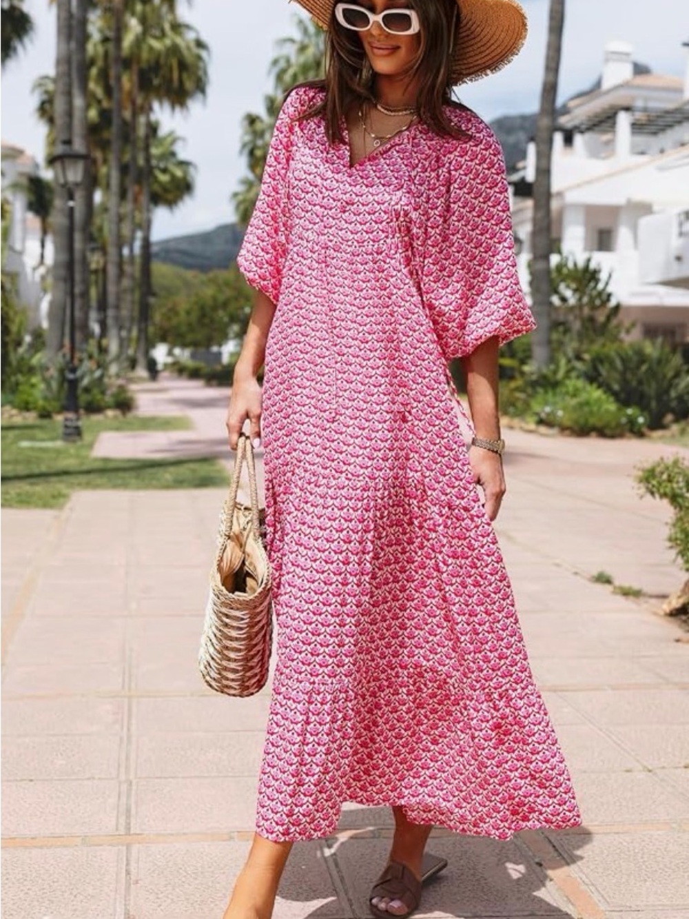 Bohemian V-Neck Maxi Dress Floral Pink Lightweight Balloon Sleeve Small